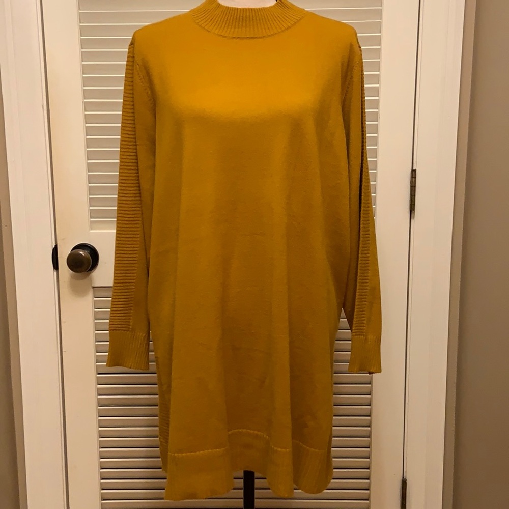Mustard Ribbed Sleeve Women's Sweater Dress